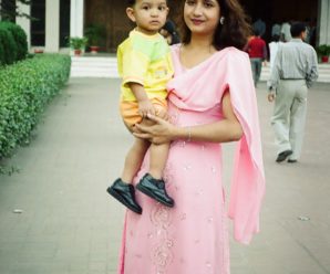 Julie and her son in front of Bangladeshi Museum